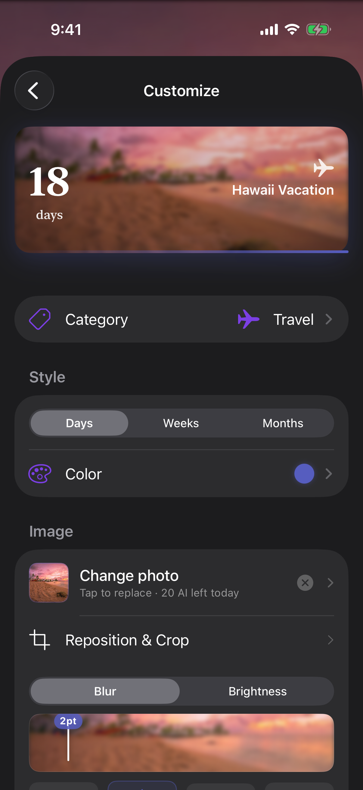 DayDrop v1.6 customize screen — 5 themes, number size, AI mood chips, reposition and crop