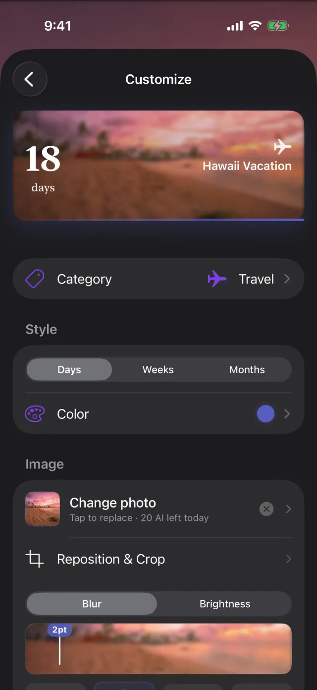 DayDrop customize screen — 5 themes, number size, AI mood chips, reposition and crop