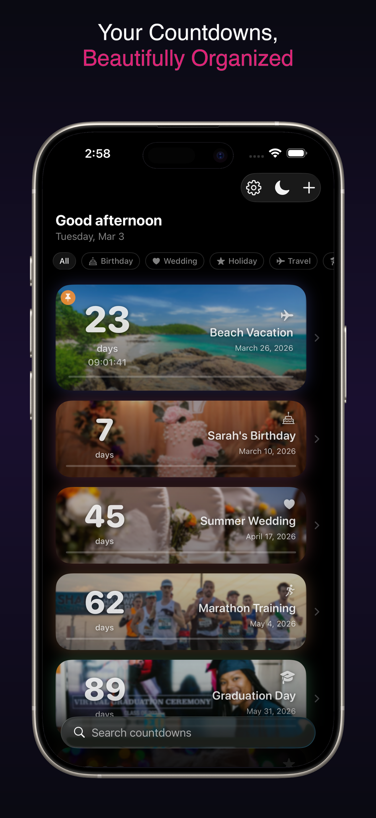 Best countdown app for iPhone 2026 — DayDrop event list with birthday, wedding, and vacation countdowns