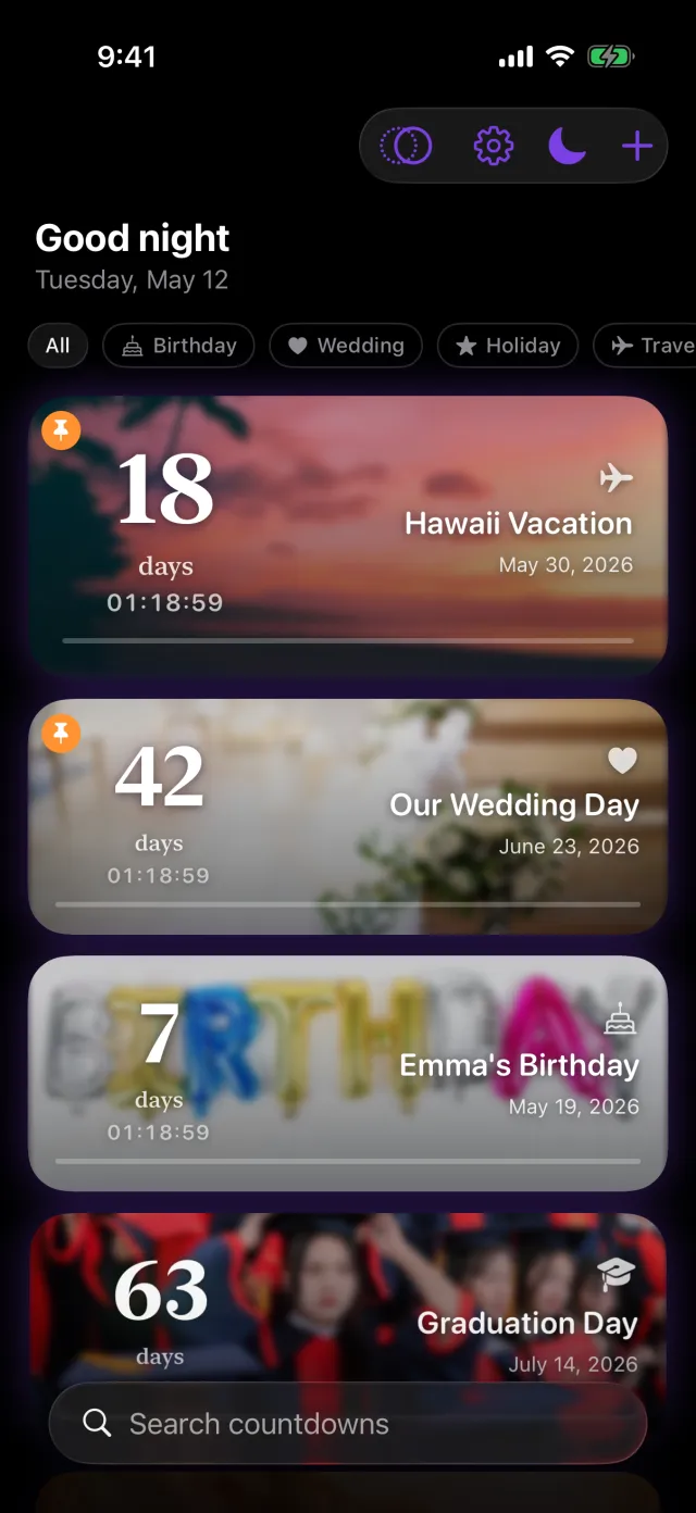 Best countdown app for iPhone 2026 — DayDrop event list with birthday, wedding, and vacation countdowns