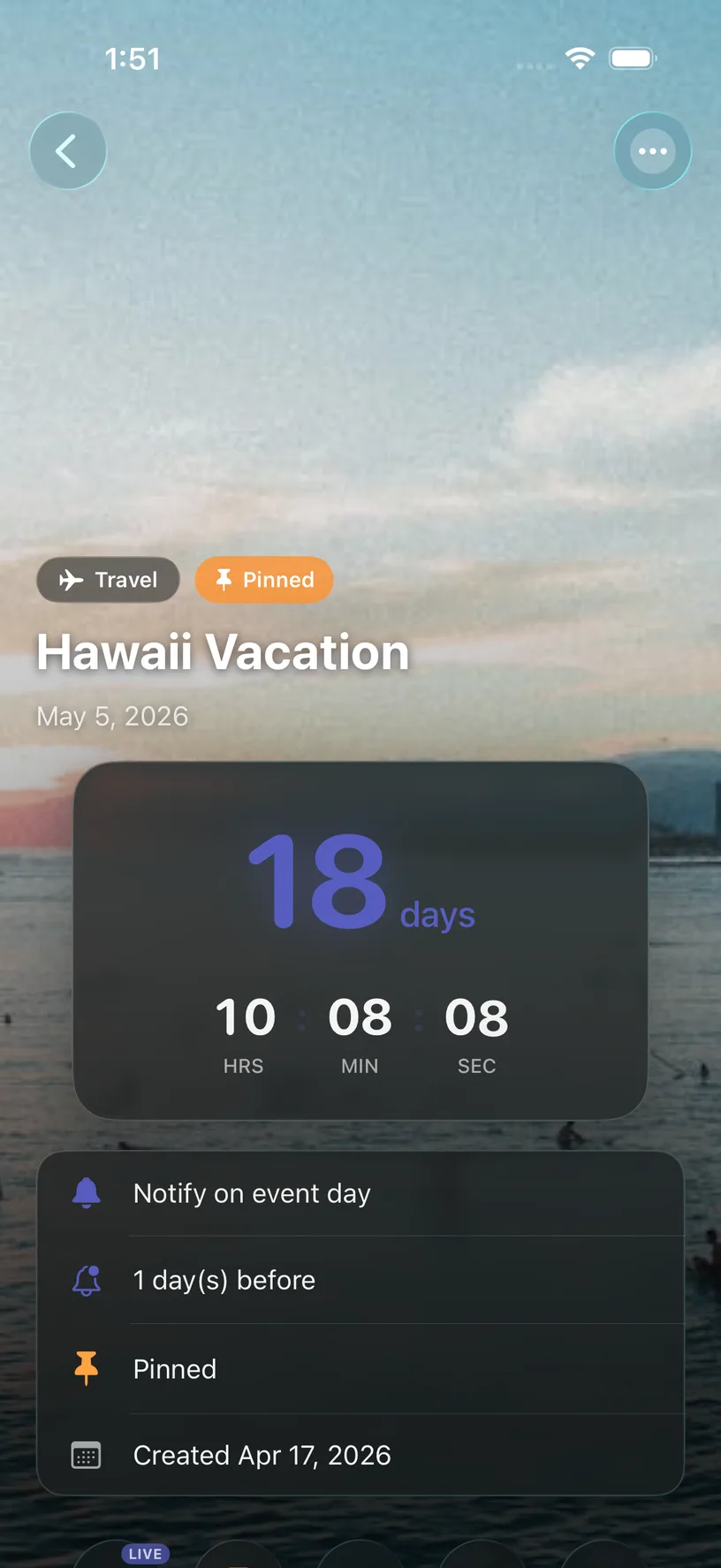 DayDrop event detail for a Hawaii vacation, 18 days away, with an AI-generated beach-at-dusk background behind the countdown