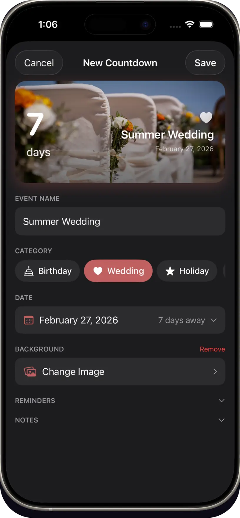 Create a countdown in seconds — DayDrop new event screen with AI-generated background