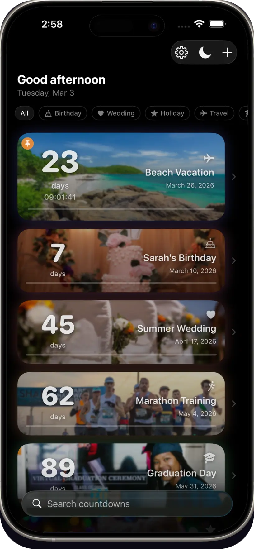 Best countdown app for iPhone 2026 — DayDrop event list with birthday, wedding, and vacation countdowns