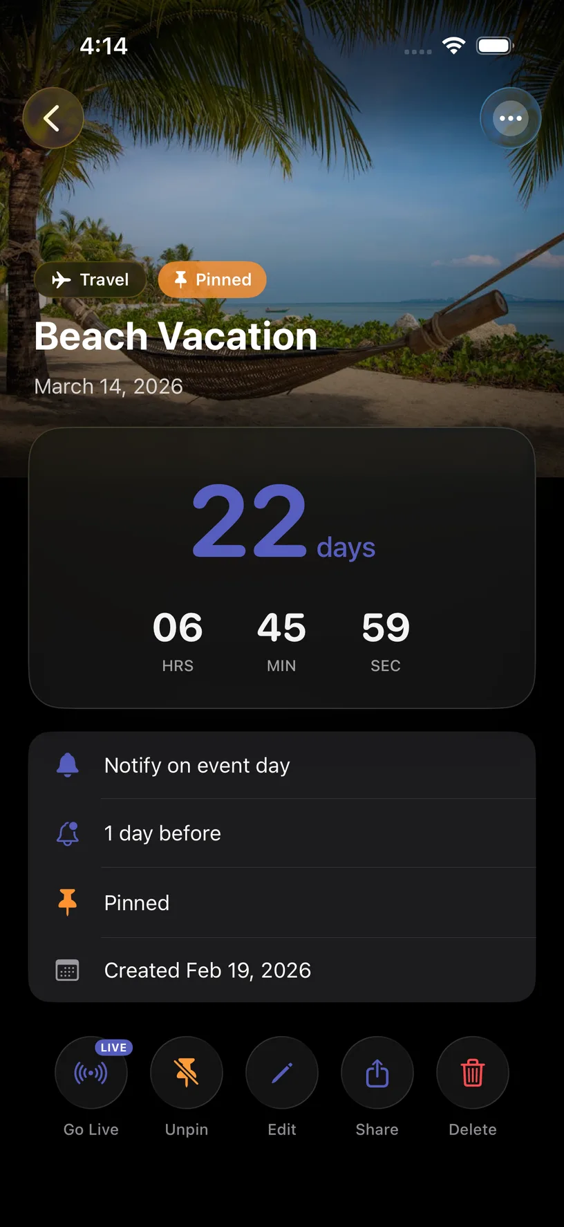 DayDrop event screen with the Go Live button highlighted below a 22-day countdown and a beach background