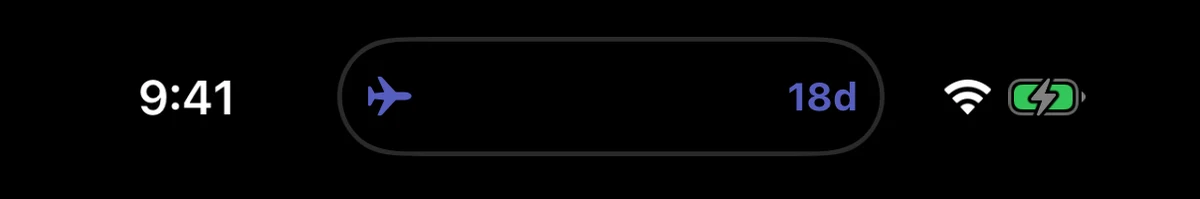 Close-up of the iPhone status bar with the Dynamic Island showing DayDrop's compact countdown: a travel icon on the left and 18d on the right