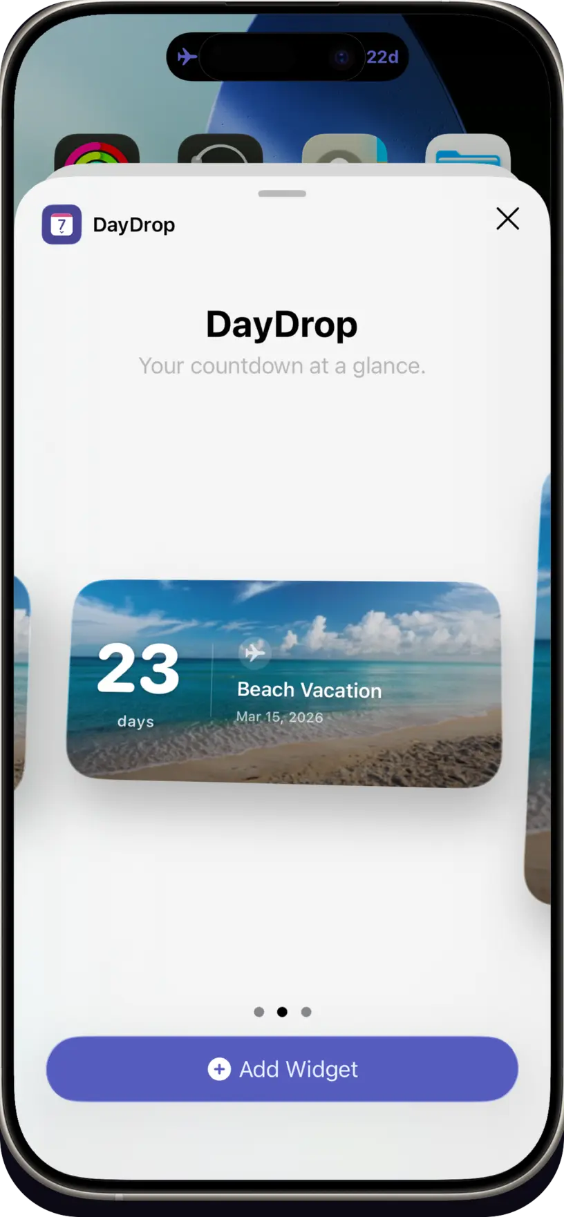 Countdown widget for iPhone home screen and lock screen — DayDrop widget families in small, medium, and large sizes