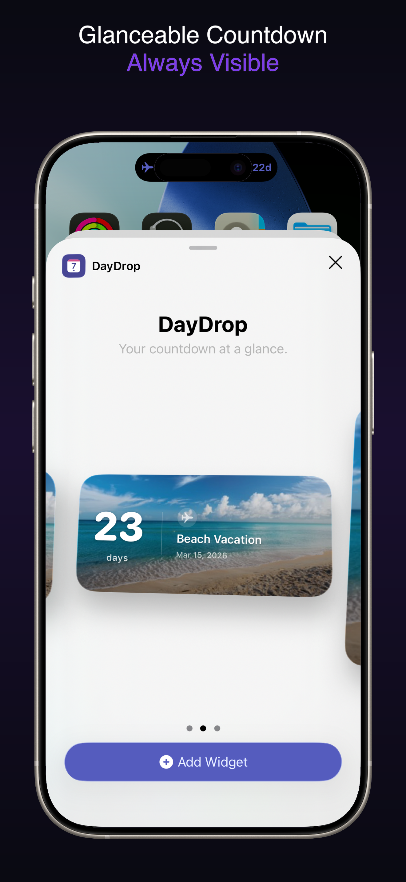 Countdown widget for iPhone home screen and lock screen — DayDrop widget families in small, medium, and large sizes