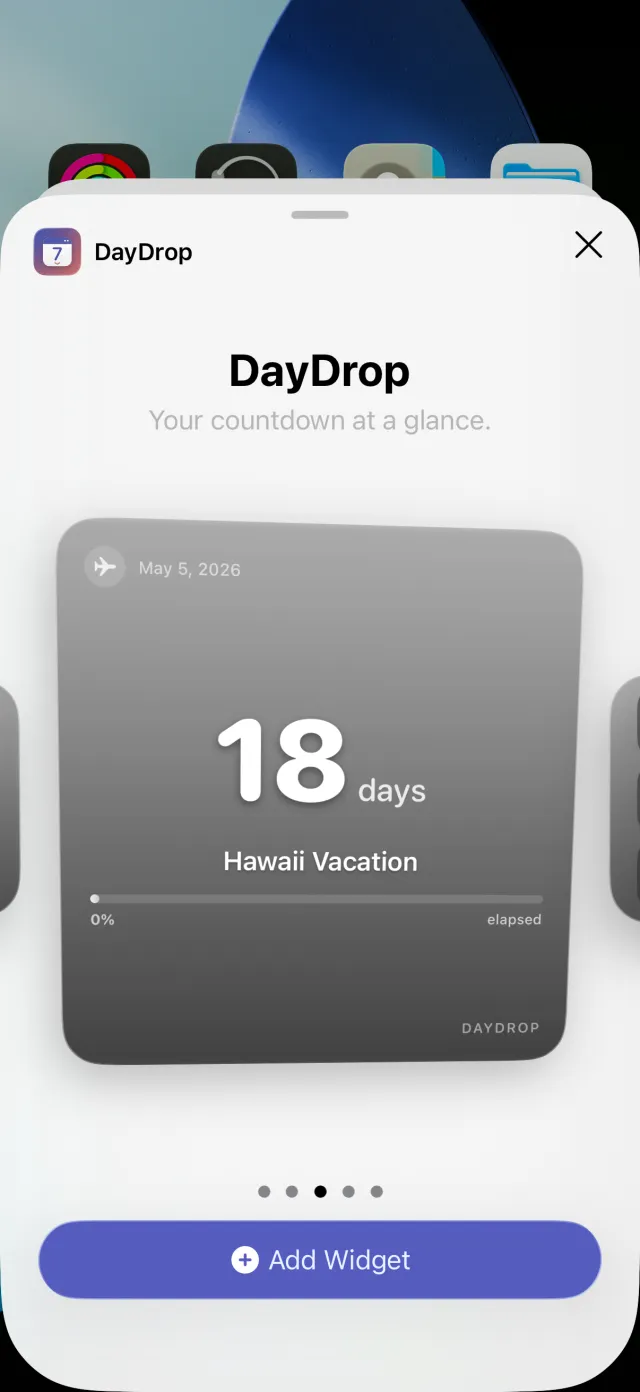 Countdown widget for iPhone home screen and lock screen — DayDrop widget families in small, medium, and large sizes